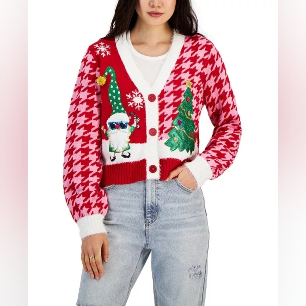 Hooked Up Juniors' Embellished Elf Ugly Christmas Cardigan Sweater - Size M
